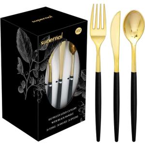 Supernal 102pcs Gold Plastic Silverware, Golden Cutlery with Black Handle, Disposable Flatware Collection, Includes 34 Plastic Forks and Spoons and Knives Ideal for Weddings, Parties, and Birthdays