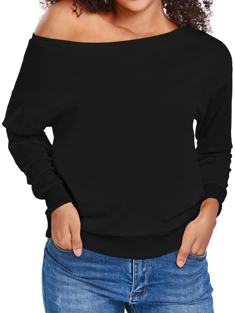 AM CLOTHES Sweatshirt for Women Off The Shoulder Tops Long Sleeve Sweatshirts Oversized Sweaters Shirts X-Large Solid Black (Black, XL)