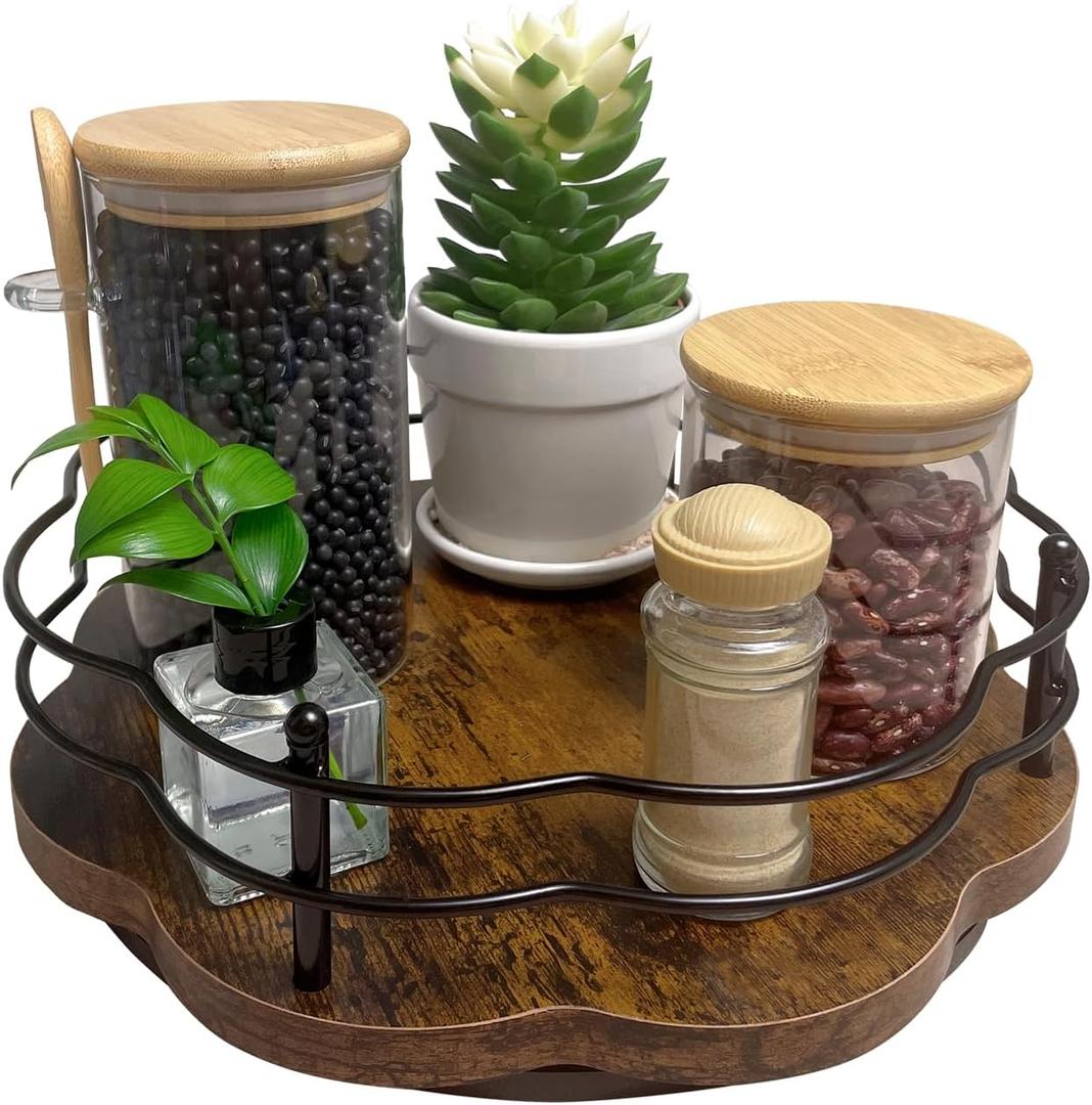 Lazy Susan Turntable Organizer with Higher Metal Sides, 12" Wooden Lazy Susan Spice Rack Organization and Storage for Cabinet,Kitchen,Countertop,Table Top,Dining Table,Coffee Bar Decor