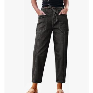 luvamia Barrel Jeans Women Trendy High Waisted Pull On Drawstring Elastic Waist Stretchy Denim Baggy Pants with Pocket, Size L