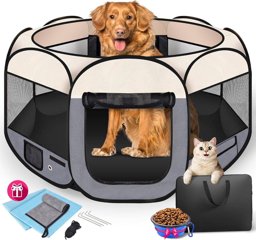 45" Foldable Pet Playpen for Large Dogs, HOMAGICO Pet Playpen for Indoor Cats Enclosed, Portable Dog Playpen Outdoor Tent Crate with Carrying Case, Water-Resistant and Removable Shade Cover, Grey