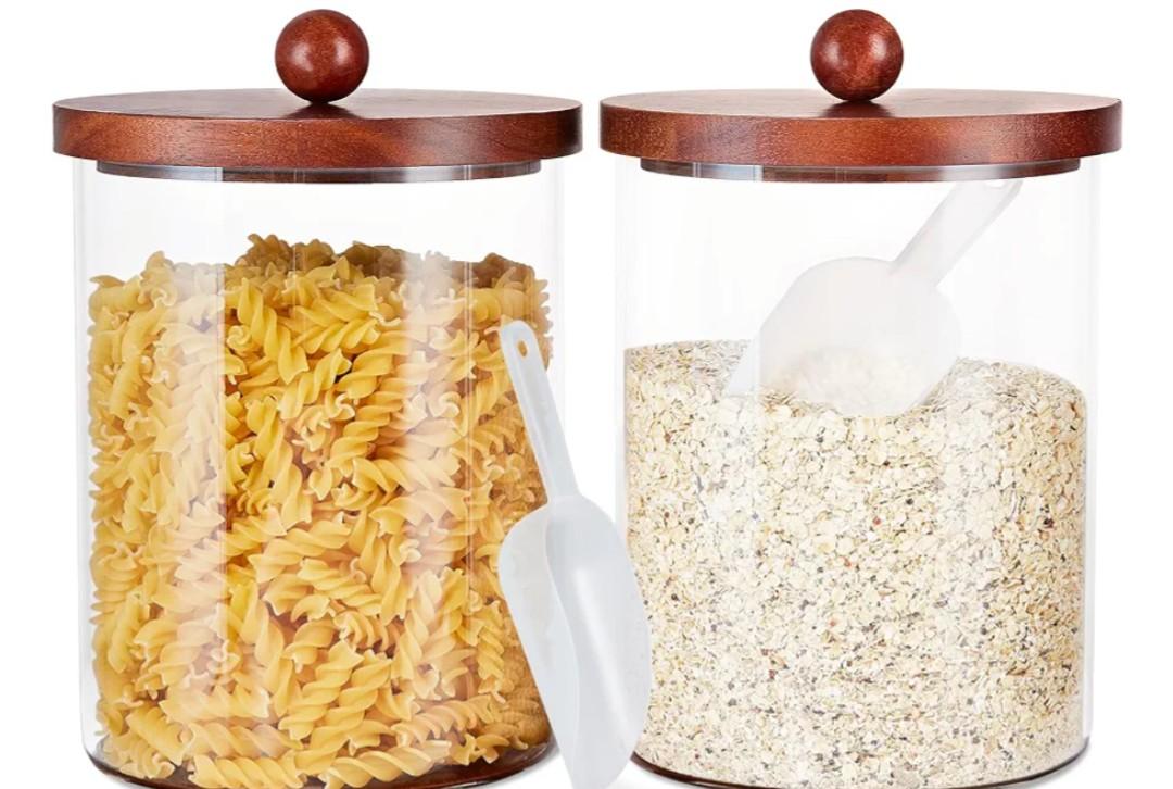 FavorFlavor Set of 2 Large Glass Food Storage Jar-101 FLOZ, Flour and Sugar Storage Containers for Kitchen Counter with Wooden Airtight Lid & Base,Kitchen Storage Jars for Coffee,Rice,Candy, Cookie