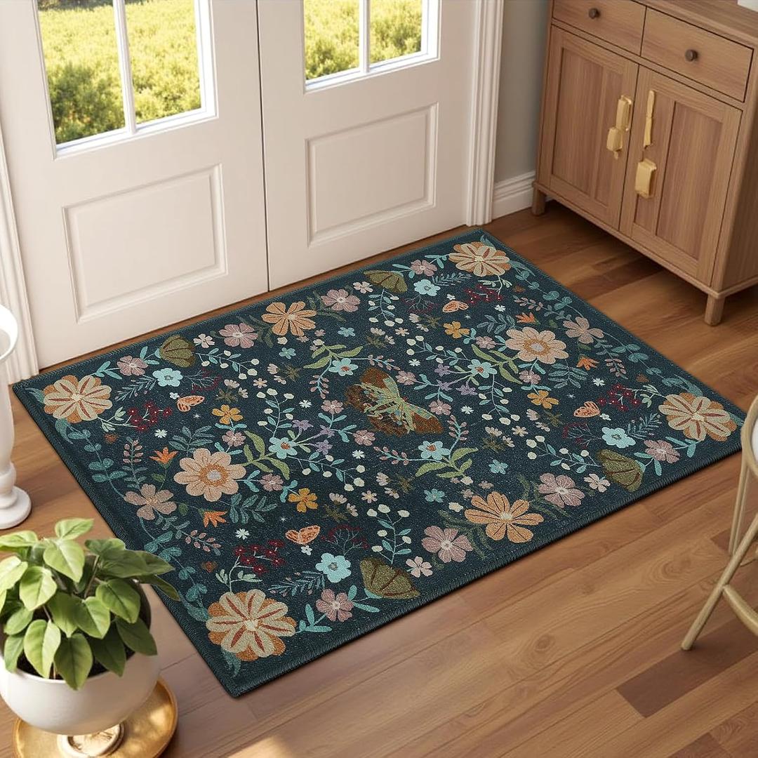 Terrug 2x3 Green Floral Area Rug for Entryway, Boho Machine Washable Throw Rugs with Non-Slip Blacking for Kitchen, Small Flower Carpet for Bedroom Front Door Laundry Floor Decor
