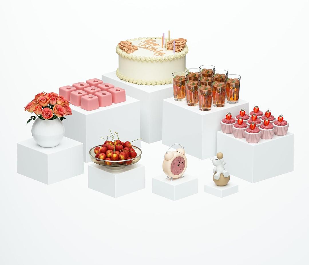 Large 8 Pcs White Acrylic Boxes for Display as Buffet Risers and Stands, Food Risers for Party, Table, including 10", 9", 8", 7", 6", 5", 4", 3" (Large, 8Pcs, White)