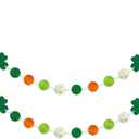 2 Pcs St Patrick's Day Felt Ball Garlands with Shamrock - St. Patrick's Day Decorations - Green Dark Green White Orange Pom Pom Garlands for Home Tree- Irish Party Home Fireplace Mantle Hanging Decor