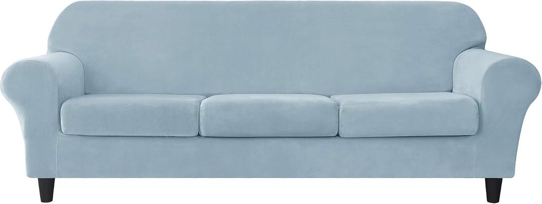 CONRUSER Stretch Sofa Slipcover, Soft Velvet Sofa Covers for 3 Cushion Couch Thick Furniture Protector for Pets & Kids (Light-blue, L)