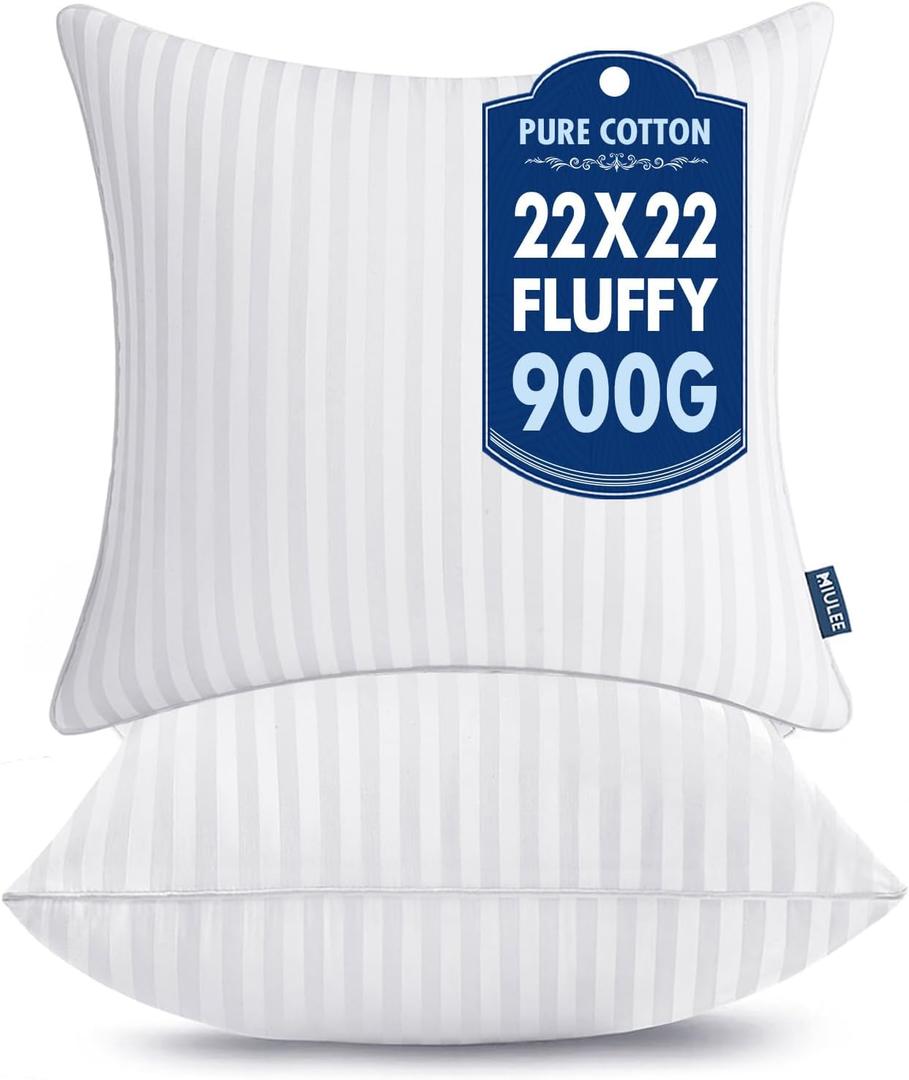 MIULEE 22x22 Pillow Inserts, Firm and Fluffy Decorative Square Throw Pillows for Couch Sofa Bed, Down Alternative with 100% Cotton Cover Pack of 2