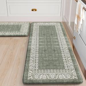LEEVAN Kitchen Rugs Non Slip, Cushioned Kitchen Floor Mats Set of 2, Gray Green Anti-Fatigue Kitchen Mat Waterproof, Ergonomic Memory Foam Standing Mat for Bar, Office, Desk, Laundry (17.3"x29"+17.3"x47"-0.47inch)