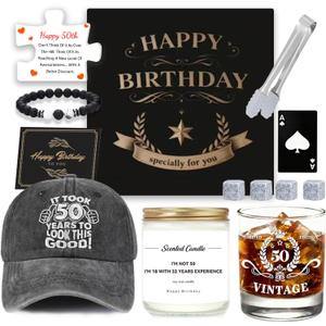 50th Birthday Gifts for Him - Ultimate Gift Set Includes Whiskey Glass, Scented Candle, Baseball Cap, Bracelet & Card - All-in-One Ideal Birthday Box for 50 Year Old Men, Dad, Husband