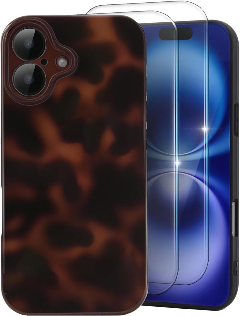 MYY Cute Phone Case for iPhone iPhone 16 Plus, [with 2X Screen Protector] Tortoise Shell Pattern Leopard Full Camera Protective Slim Shockproof Cool Trendy Aesthetic - Brown Amber