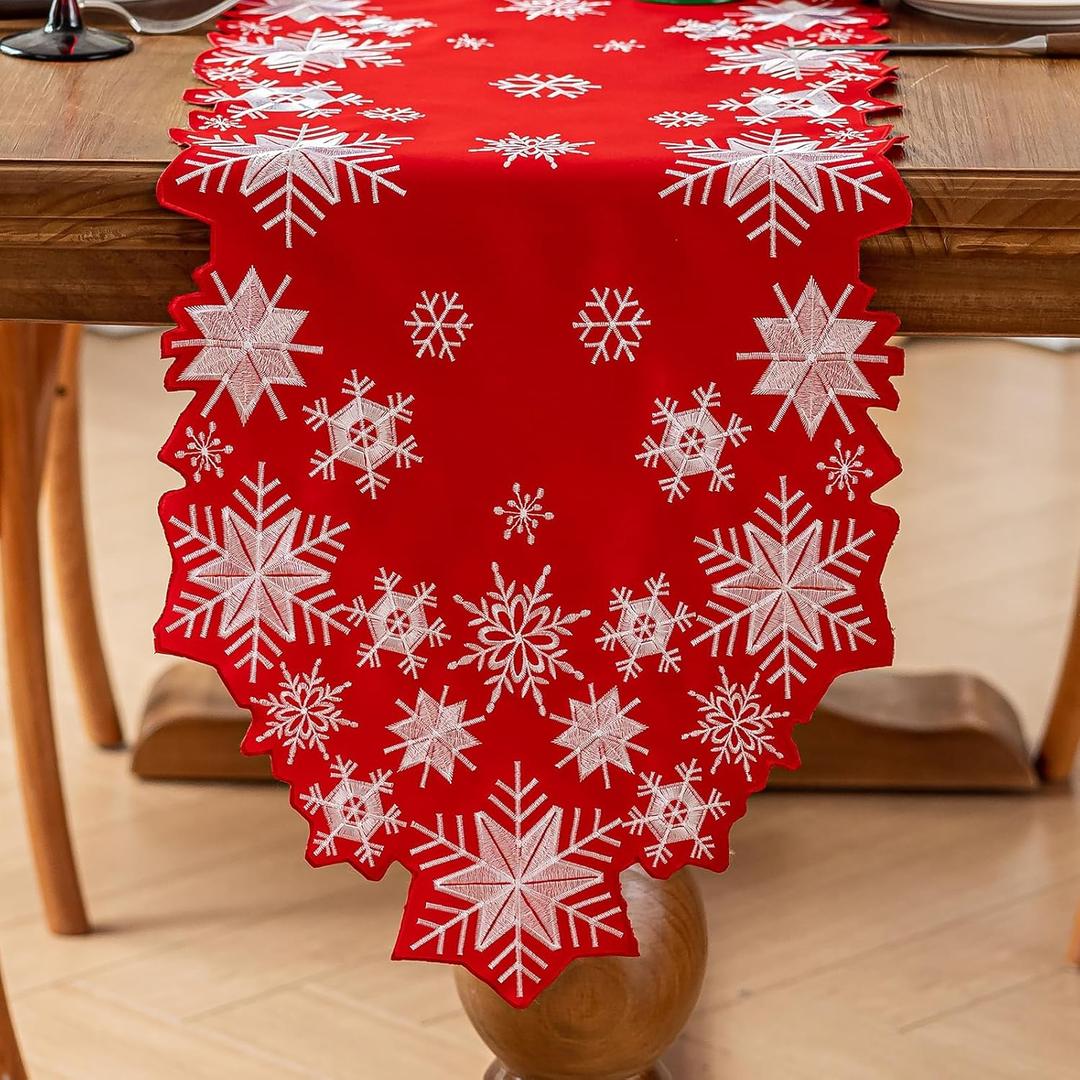 Joyfol Day Christmas Red Table Runner 14 x 33 Inch, Cutwork Embroidered White Snowflake Table Runners, for Xmas Holiday Winter Festival Kitchen Dining Tabletop Decoration