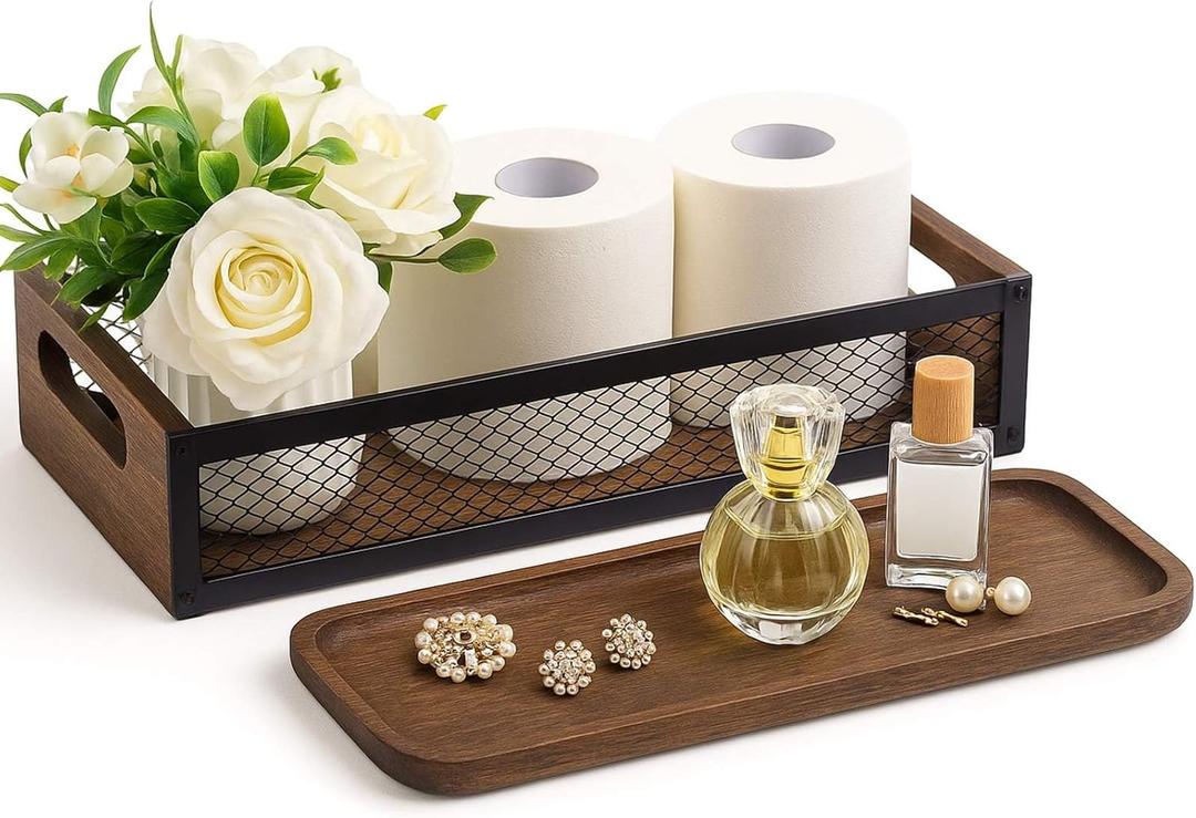 Kathfly Toilet Tank Tray Set (2 Pack), Rustic Toilet Top Storage Basket with Handle + Wooden Vanity Tray, Bathroom Counter Organizer for Paper, Wipes, Perfume & Decoration