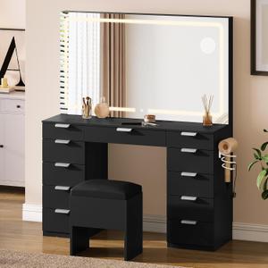 DWVO Makeup Vanity with Large Mirror and Lights, 46" Vanity Desk Dressing Table Set with 11 Drawers & Storage Stool, Dressing Table with Power Outlet and Magnifying Glass, Dressing Room, Black