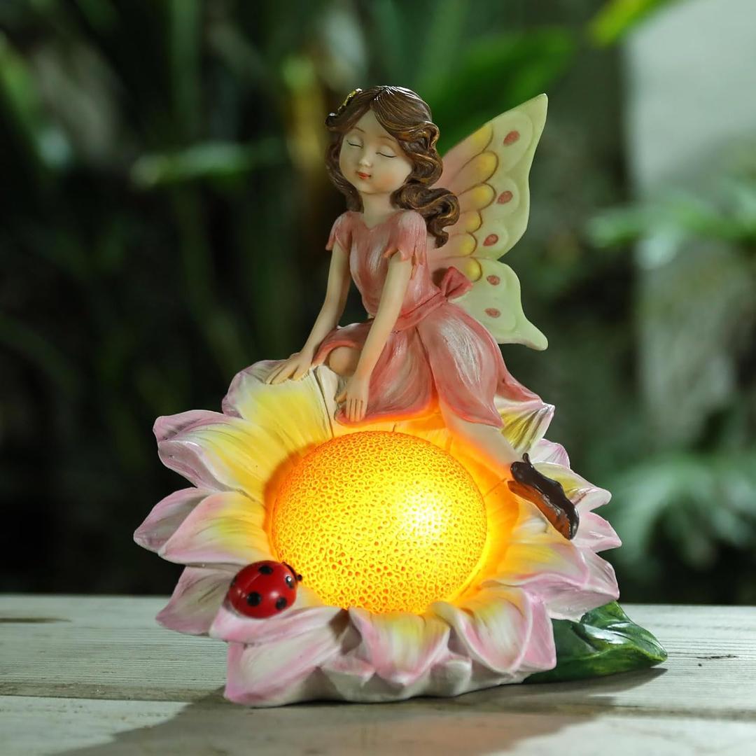 Fairy Garden Statues Outdoor Decor, Solar Fairy Lights Outdoor Sunflower Decor Lawn Ornaments Resin Sculptures Fairies Garden Decor for Outside Yard Art Patio Porch, Gifts for Women Mom
