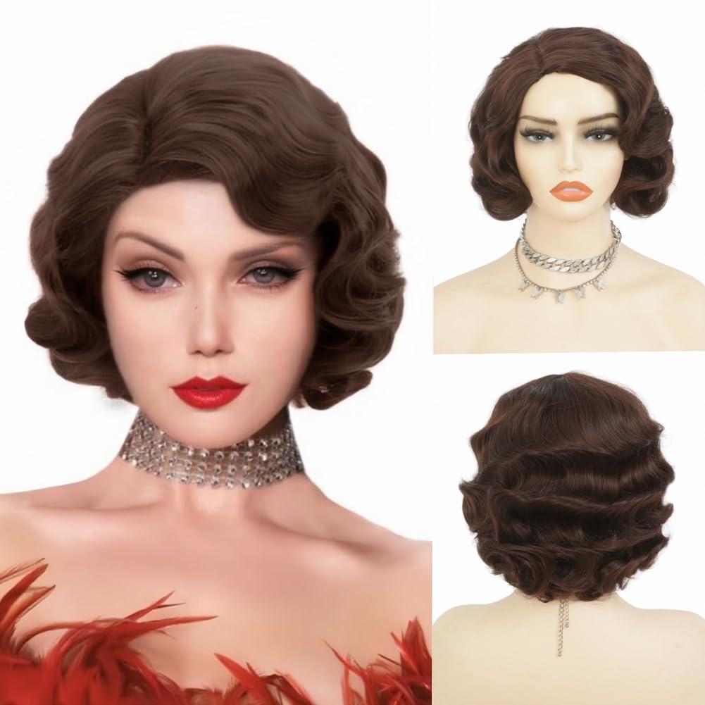 Brown 1920s Wigs for Women Finger Wave Wig Vintage Wigs Lady Synthetic Fiber Wig for Halloween Cosplay Daily Use