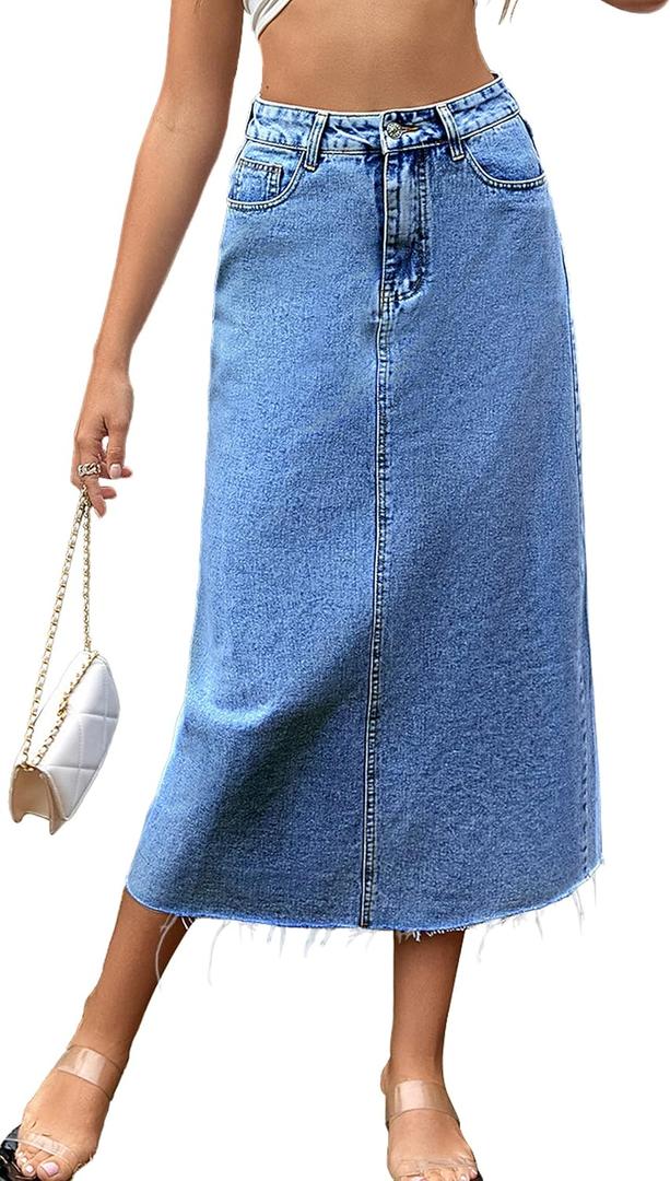 MISS MOLY Women's Jean Skirt Stretch High Waisted Frayed Raw Hem A Line Denim Midi Skirt with Pockets (Blue) XL