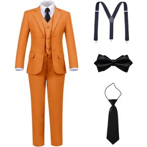 Boys Suit Kids Tuxedo Suits for Boys Adjustable Waist Vest Pants Suspenders Set Wedding Christmas Outfits (10, Orange)