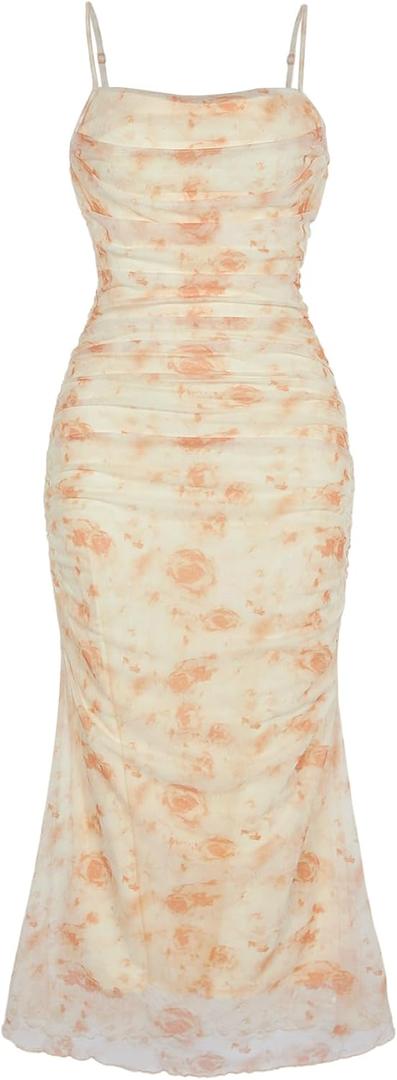 GORGLITTER Women's Floral Ruched Bodycon Midi Dress Mesh Sleeveless Fishtail Cami Dresses (X-Large)