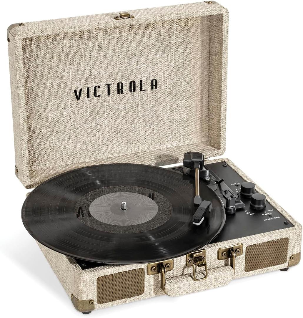 Victrola Journey+ Signature Turntable Record Player – 33-1/3, 45 & 78 RPM Suitcase Vinyl Record Player, Bluetooth Connectivity & Built-in Speakers, Stereo RCA Output, Linen Finish (Cream)
