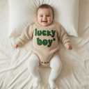 Nibbcoa Newborn Baby Boy St Patricks Day Outfit Lucky Boy Embroidery Knit Sweater Romper Long Sleeve Knitted Bodysuit (S-Apricot, 3-6 Months)