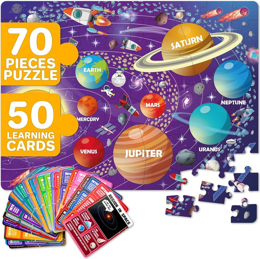 QUOKKA Solar System Puzzles for Kids Ages 4-6 - 70 Pcs Fun Kids Puzzles Ages 5-8 Preschool Floor Activities - Includes 50 Cards with 400+ Space Facts- Planet-Shaped Jigsaw Puzzle Gift for Girls Boys
