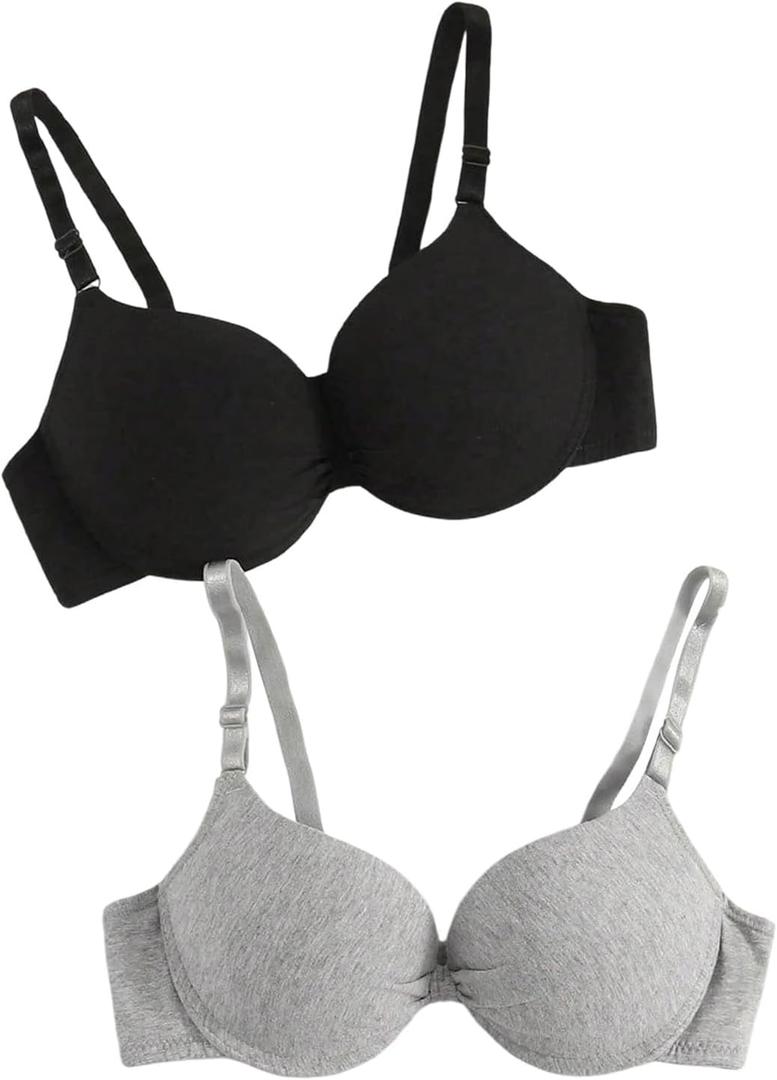 SHENHE Women's 2 Pack Push Up Tshirt Bras Underwire Padded Adjustable Strap Smooth Bras (Large, Black and Grey)