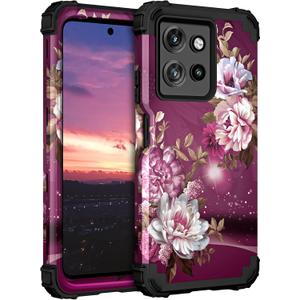Hocase for Moto G 2026 Case, Moto G Power 2025 Case, Shockproof Heavy Duty Protection Soft Silicone Rubber Bumper+Hard Plastic Hybrid Protective Phone Case - Burgundy Flowers
