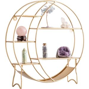 14'' Matte Gold Moon Shelf for Crystals - 7-Tier Open Design, Wall & Countertop Display, Modern Style, Holds Crystals, Essential Oils, Nail Polish