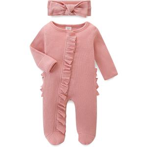 Newborn Baby Romper Cotton Infant Girl Outfit Zippers Ruffle Jumpsuit and Headband Spring Fall Winter Clothes (3-6 Months, Mauve)