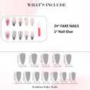 3 x IMRAIN Press-on Almond Medium Pink Silver French Tips False Nails with Bow & Butterfly Designs - Glossy Glue on Acrylic Nails for Women Girls - 24 Pcs
