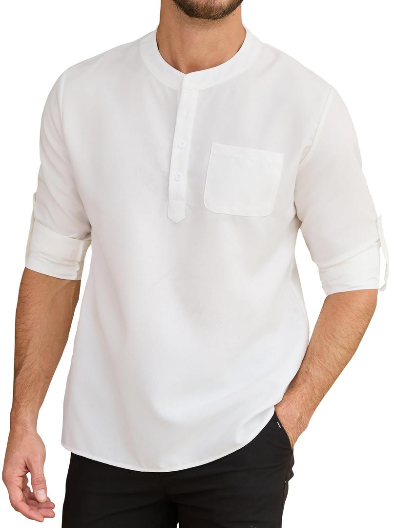 Snullo Mens Henley Shirts Button Down Long Sleeve Dress Shirt Business Work Office Shirt Summer Beach Cocktail T-Shirts with Pocket White (White, L)