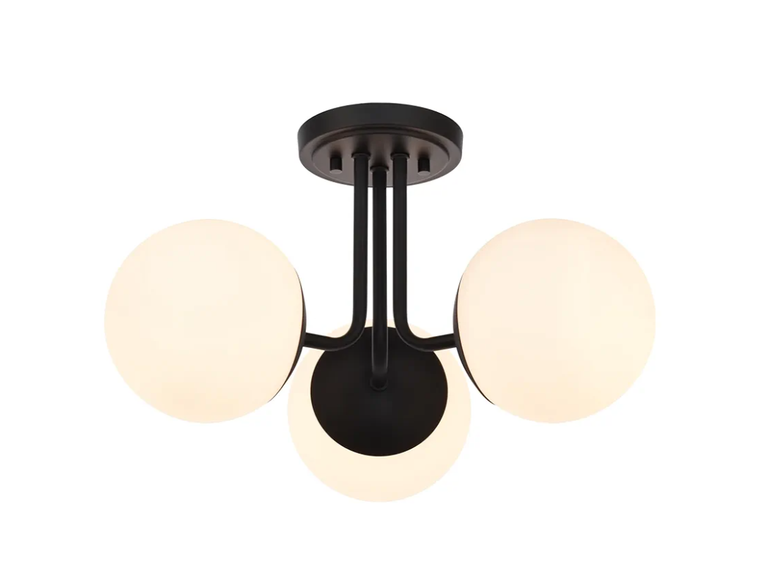 3 Light Semi Flush Mount Ceiling Light Fixture, Modern Globe Chandelier, Sputnik Farmhouse Lighting for Kitchen Bedroom Bathroom Living Room Corridor Laundry Room Bar (Matte Black)