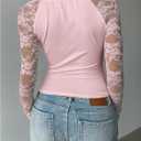SOLY HUX Women's Lace Sheer Long Sleeve T Shirt Y2k Square Neck Slim Fit Going Out Crop Tops (Pink, S)