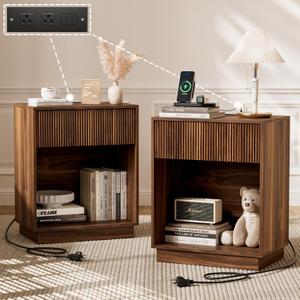 Fluted Nightstands Set of 2, Night Stand with Charging Station, Modern Bed Side Table with Drawer and Storage Shelf, Wood Mid Century End Table for Bedroom Living Room (Walnut), 19" x 12" x 24"