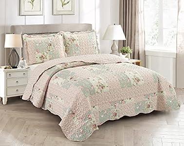 Brilliant Sunshine Rose and Sage Quilt Set, 3-Piece Bedding Sets, Traditional Patchwork Design, Washable and Reversible Bedspread, Soft Lightweight Coverlet, All-Season, Full/Queen, Light Pink Green