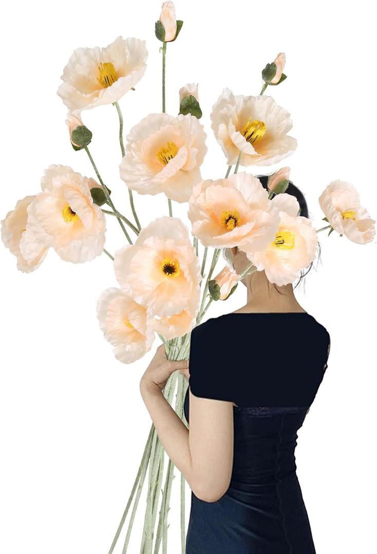 Poppy Silk Flowers,6PCS Fake Poppy Flowers 41.3in Long Stem Poppies Flowers for Tall Vase Wedding Party Home Decor(Champagne)