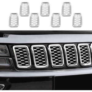 RT-TCZ 7PCS Front Grill Mesh Inserts,Rings Covers Inserts Kit for 2017 2018 2019 2020 2021 Jeep Grand Cherokee Not fit for SRT, Trackhawk & 2021 Grand Cherokee L (Chrome Mesh)