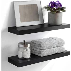 Homeforia Black Floating Shelf 18 inch, High End Solid Real Wood 18inch Bathroom Floating Shelves for Wall Mounted, Black Wooden 18in Floating Shelves, Heavy Duty Bracket, 18 X 6.5 X 1.75 in, Set of 2