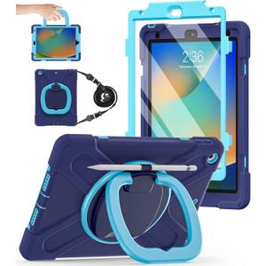 BATYUE for iPad 9th/ 8th/ 7th Generation Case (iPad 10.2 inch Rugged Case 2021/2020/2019) with Screen Protector, Rotating Stand/Pencil Holder/Carrying Shoulder Strap (Navy Blue)