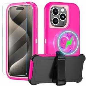 Magnetic for iPhone 15 Pro Max Case,with Belt Clip,[Compatible with Magsafe] W/Tempered Glass Screen Protector,Anti-Drop,Shockproof,Heavy Duty Protection (Pink)