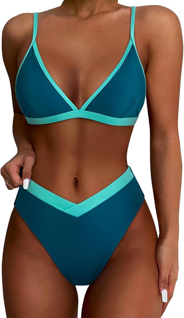 SUUKSESS Women Triangle High Cut Bikini Sets Sexy High Waisted 2 Piece Swimsuit (Small, 57 Green Blue)