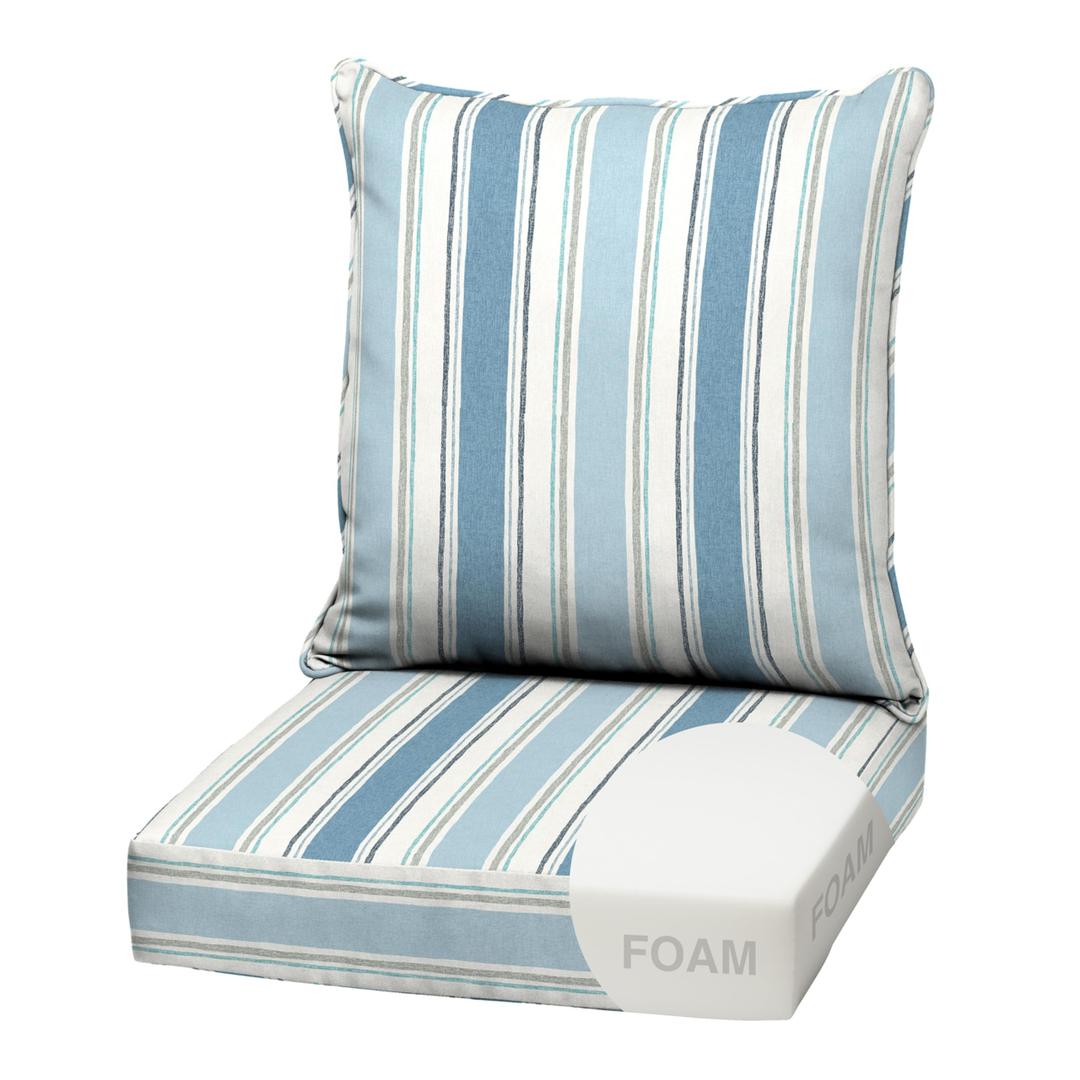Arden Outdoor Foam Deep Seat Cushion, 2-Pack, 22x24, Premium High-Density Foam, Never Flattens, Weather-Proof for Patio Chair Sofa Couch, French Blue Linen Stripe,French Blue Linen Stripe, 2 Pack