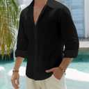 Mens Long Sleeve Linen Shirts Casual Button Down Shirt Regular Fit Summer Beach Wedding Shirts (Black, XL)