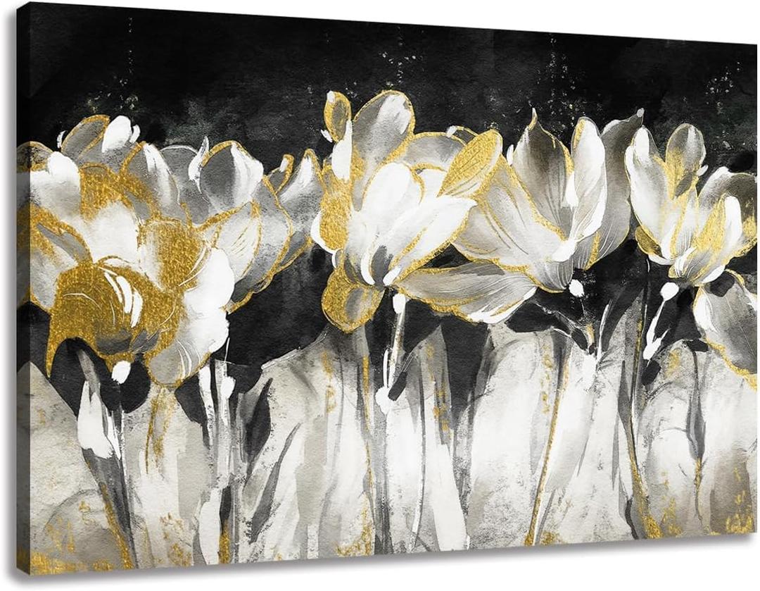 Yelash Living Room Flower Canvas Wall Art Black and White Floral Painting with Gold Pictures for Home Bedroom Decor 36 x 24 inch