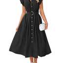 ZESICA Women's 2025 Summer Boho Button Midi Dresses Casual V Neck Flutter Sleeve Belted Long Dresses with Pockets,Black,Medium