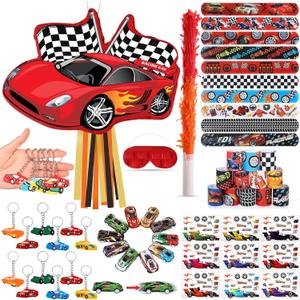 Pasimy Cars Piata Race Car Party Favors Set with Black Red Birthday Piata Stick Blindfold Slap Bracelet Keychain Sticker Racecar Party Gifts Birthday Decorations Goodie Bag Stuffer Supplies