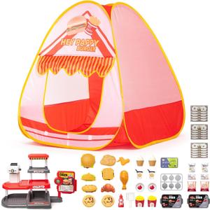 Kids Play Tent, Pop Up Play Tent Burger Theme with Complete Toy Set, Play Toys Play Set for Kids Indoor Outdoor Pretend Play