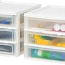 IRIS USA Plastic Stacking Desk Top 3-Drawer Storage Organizer, 2-Pack, for Makeup Vanity Nail Polish Bathroom Stationery Art Craft Supplies Kitchen Office Garage and Small Organization, Medium, White