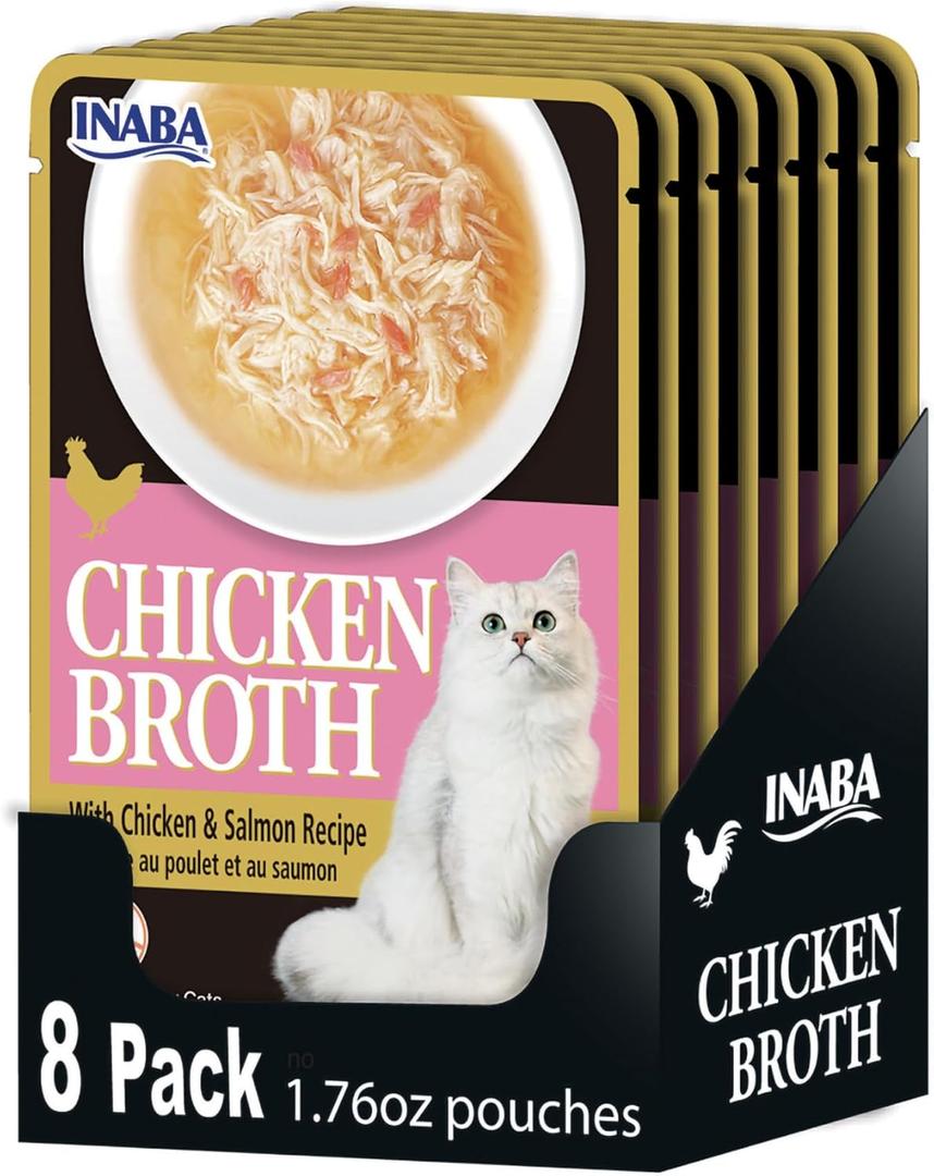 INABA Chicken Broth, Side Dish/Topper for Cats with Vitamin E, 1.76 Ounce Pouch, 8 Pouches Total, Chicken and Salmon Recipe, BBD: 02/04/2026