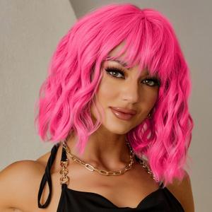 Short Pink Wigs for Women 14 Hot Pink Wavy Bob Wig with Bangs Curly Synthetic Bob Wig Shoulder Length Heat Resistant Fiber Colorful Cosplay Wig for Girls